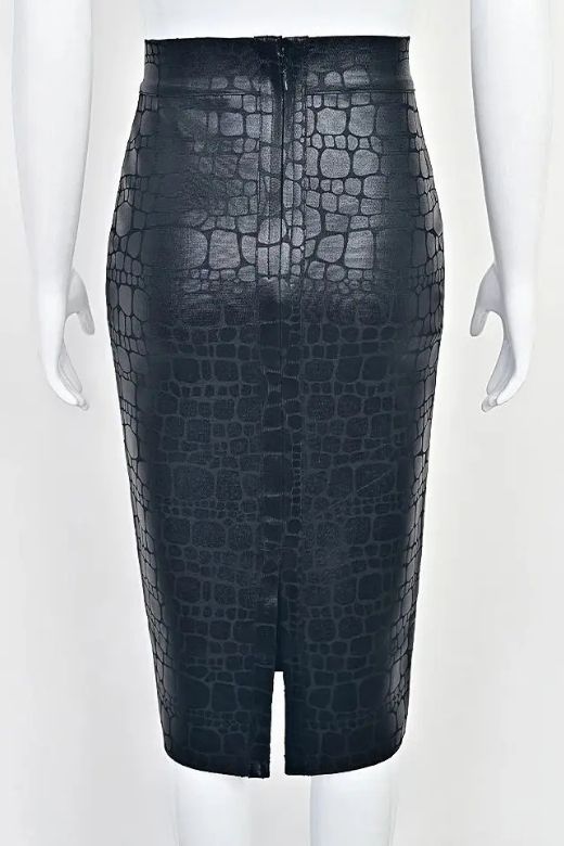 Woman wearing a figure flattering High Waist Leather Pencil Skirt Midi Length - Crocodile Black BODYCON COLLECTION Pty Ltd