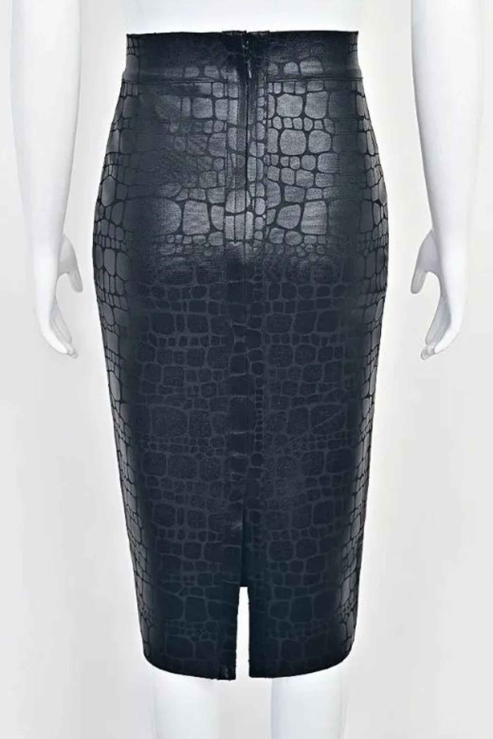 Woman wearing a figure flattering High Waist Leather Pencil Skirt Midi Length - Crocodile Black BODYCON COLLECTION Pty Ltd