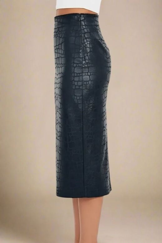 Woman wearing a figure flattering High Waist Leather Pencil Skirt Midi Length - Crocodile Black BODYCON COLLECTION Pty Ltd