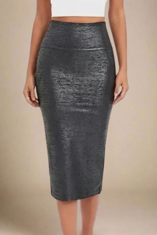 Woman wearing a figure flattering High Waist Leather Pencil Skirt Midi Length - Metallic Black BODYCON COLLECTION
