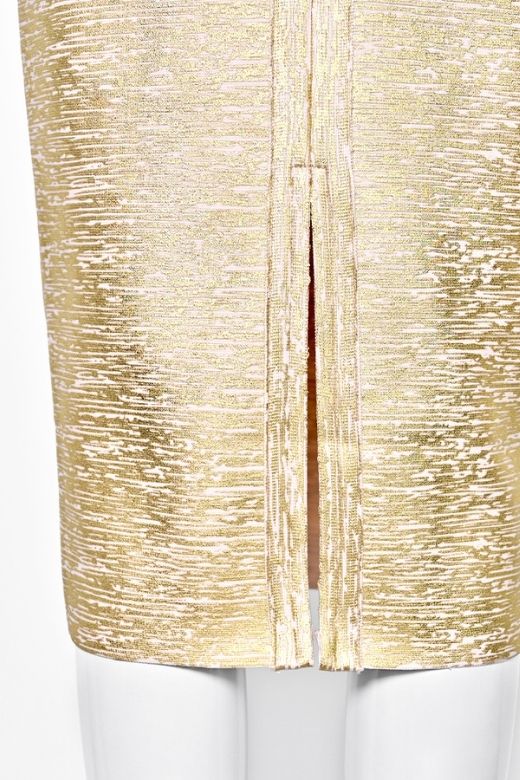 Woman wearing a figure flattering High Waist Leather Pencil Skirt Midi Length - Metallic Gold BODYCON COLLECTION