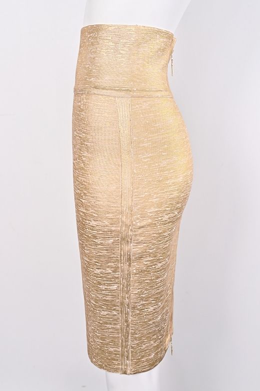Woman wearing a figure flattering High Waist Leather Pencil Skirt Midi Length - Metallic Gold BODYCON COLLECTION