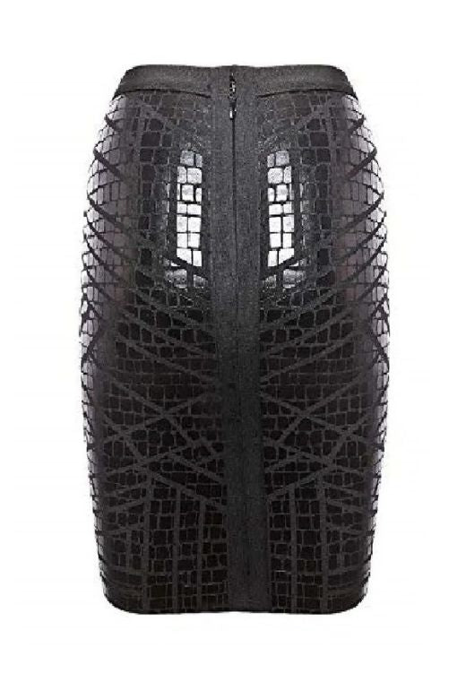 Woman wearing a figure flattering High Waist Leather Pencil Skirt Mini Length - Crocodile Black BODYCON COLLECTION Pty Ltd