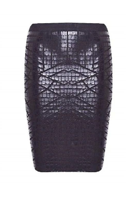 Woman wearing a figure flattering High Waist Leather Pencil Skirt Mini Length - Crocodile Black BODYCON COLLECTION Pty Ltd