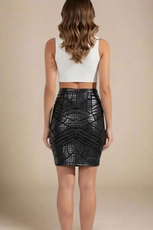 Woman wearing a figure flattering High Waist Leather Pencil Skirt Mini Length - Crocodile Black BODYCON COLLECTION Pty Ltd