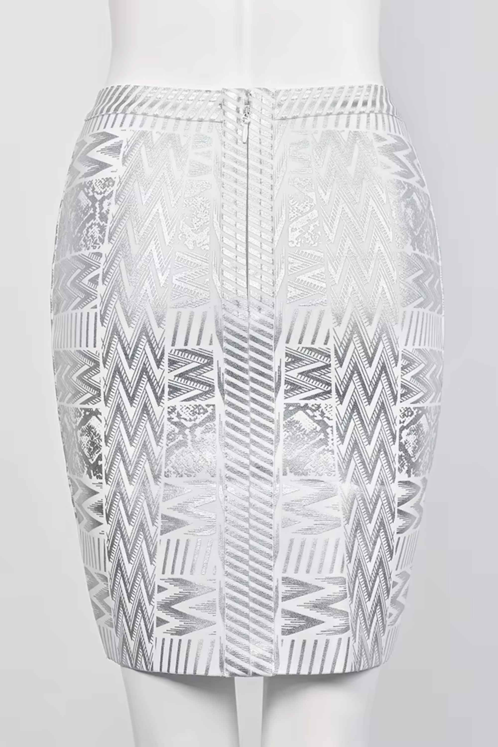 Woman wearing a figure flattering High Waist Metallic Leather Mini Skirt - Silver BODYCON COLLECTION