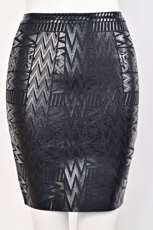 Woman wearing a figure flattering High Waist Metallic Mini Skirt - Classic Black BODYCON COLLECTION