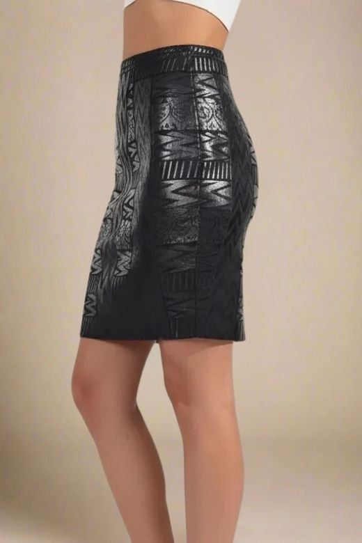 Woman wearing a figure flattering High Waist Metallic Mini Skirt - Classic Black BODYCON COLLECTION