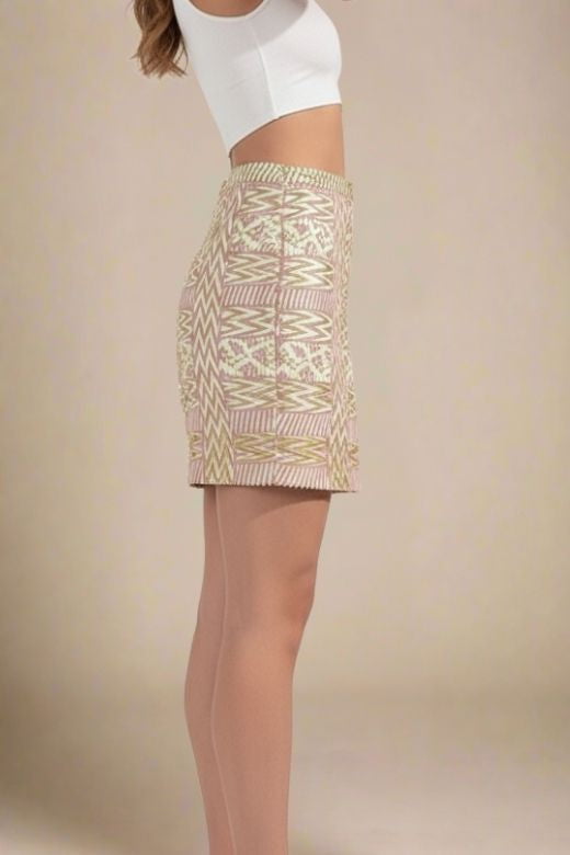 Woman wearing a figure flattering High Waist Metallic Mini Skirt - Gold BODYCON COLLECTION
