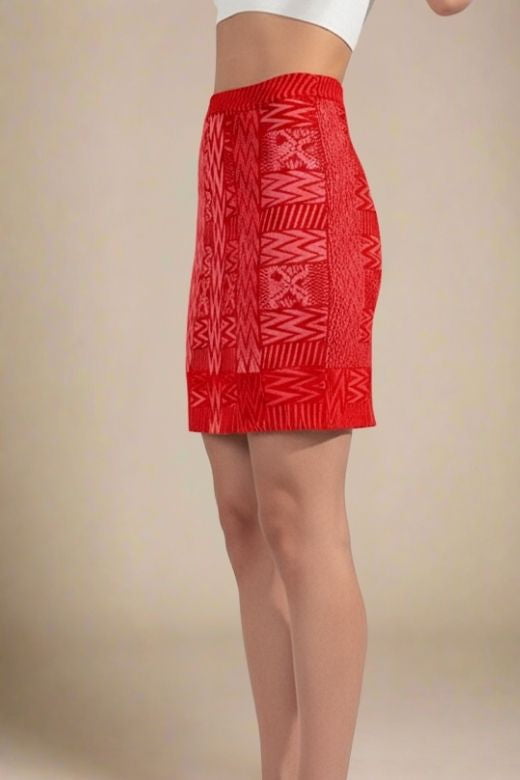 Woman wearing a figure flattering High Waist Metallic Mini Skirt - Lipstick Red BODYCON COLLECTION