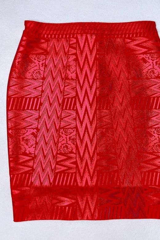 Woman wearing a figure flattering High Waist Metallic Mini Skirt - Lipstick Red BODYCON COLLECTION