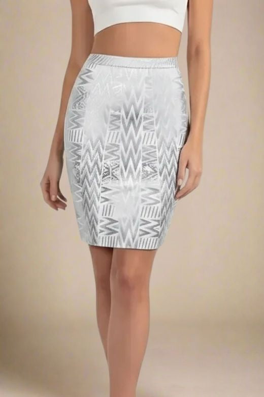 Woman wearing a figure flattering High Waist Metallic Mini Skirt - Silver BODYCON COLLECTION