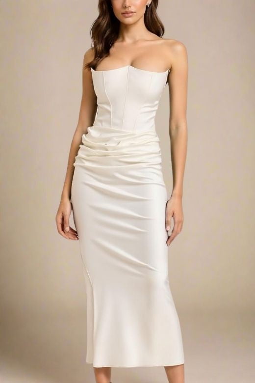 Woman wearing a figure flattering Hope Bodycon Wrap Maxi Dress - White Pearl BODYCON COLLECTION