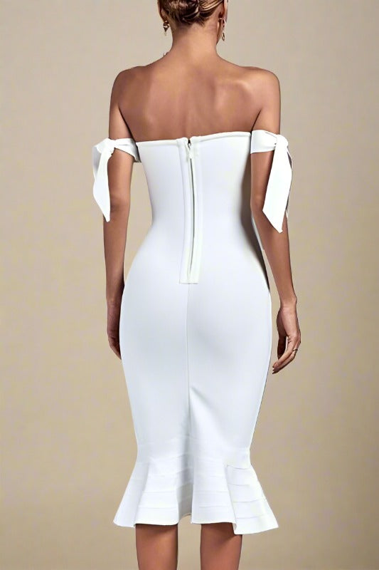 Woman wearing a figure flattering Hunter Bandage Midi Dress - Pearl White BODYCON COLLECTION