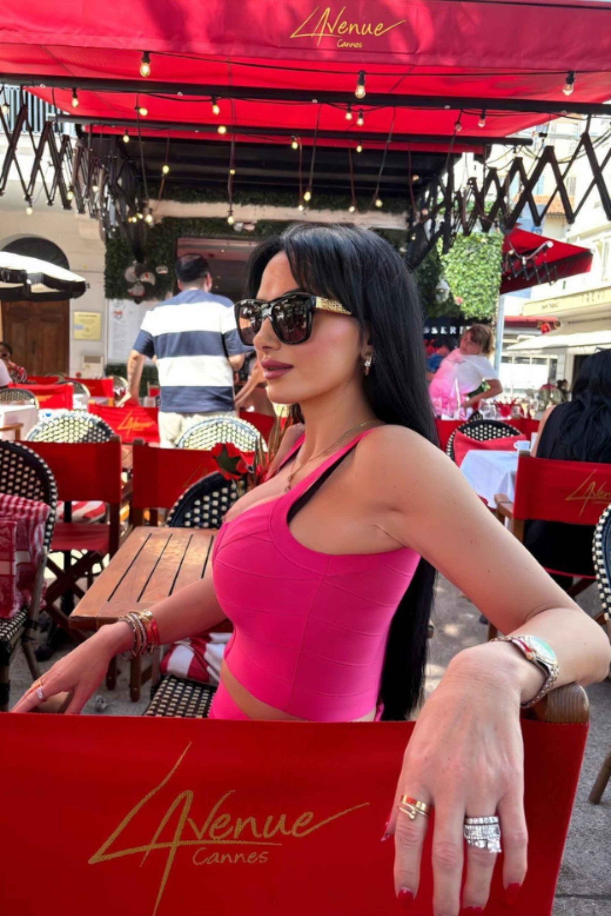 Woman wearing a figure flattering India Bandage Top and Mini Skirt Set - Hot Pink BODYCON COLLECTION