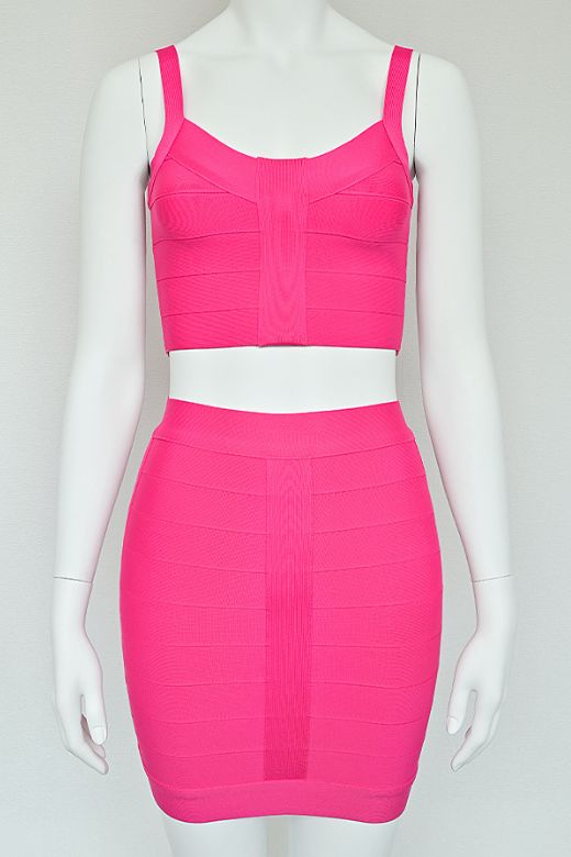 Woman wearing a figure flattering India Bandage Top and Mini Skirt Set - Hot Pink BODYCON COLLECTION