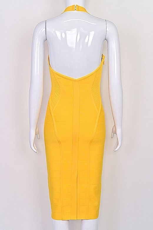 Woman wearing a figure flattering Isabella Bandage Midi Dress - Mustard Yellow BODYCON COLLECTION Pty Ltd