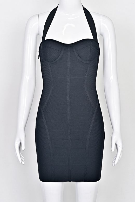 Woman wearing a figure flattering Isabella Bandage Mini Dress - Classic Black BODYCON COLLECTION Pty Ltd