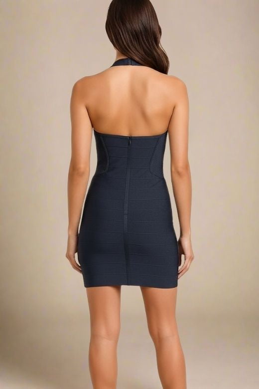 Woman wearing a figure flattering Isabella Bandage Mini Dress - Classic Black BODYCON COLLECTION Pty Ltd