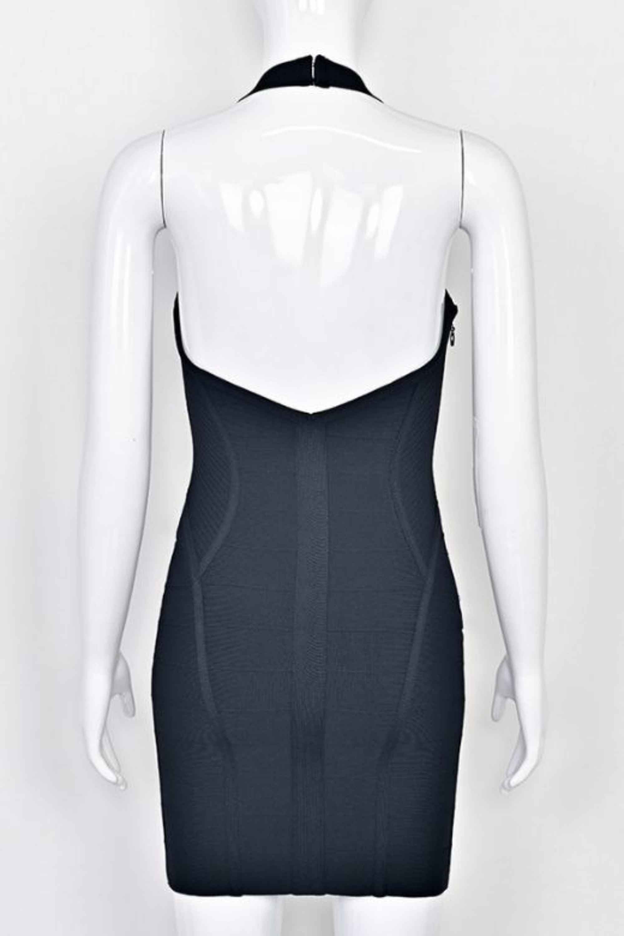Woman wearing a figure flattering Isabella Bandage Mini Dress - Classic Black BODYCON COLLECTION Pty Ltd