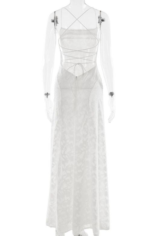 Woman wearing a figure flattering Ivy Bodycon Maxi Dress - White Pearl BODYCON COLLECTION