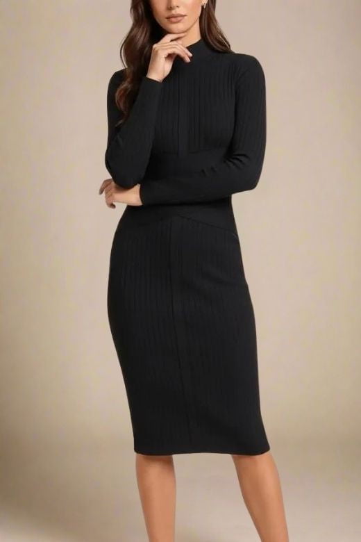 Woman wearing a figure flattering Jane Long Sleeve Bodycon Midi Dress - Classic Black Bodycon Collection