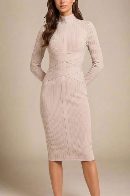 Woman wearing a figure flattering nude party dress Jane Long Sleeve Bodycon Midi Dress - Nude Bodycon Collection