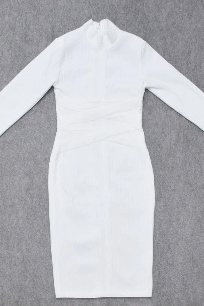 Woman wearing a figure flattering Jane Long Sleeve Bodycon Midi Dress - Pearl White Bodycon Collection