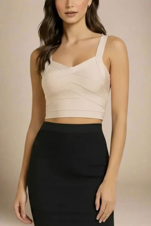 Woman wearing a figure flattering Jay Bandage Crop Top - Cream BODYCON COLLECTION