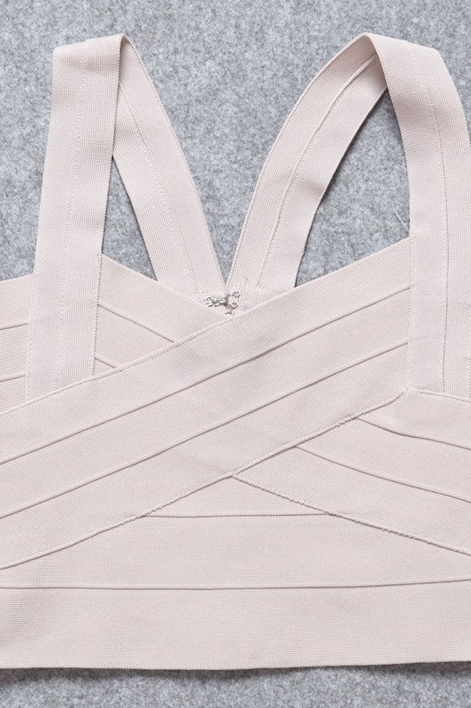 Woman wearing a figure flattering  Jay Bandage Crop Top - Cream BODYCON COLLECTION