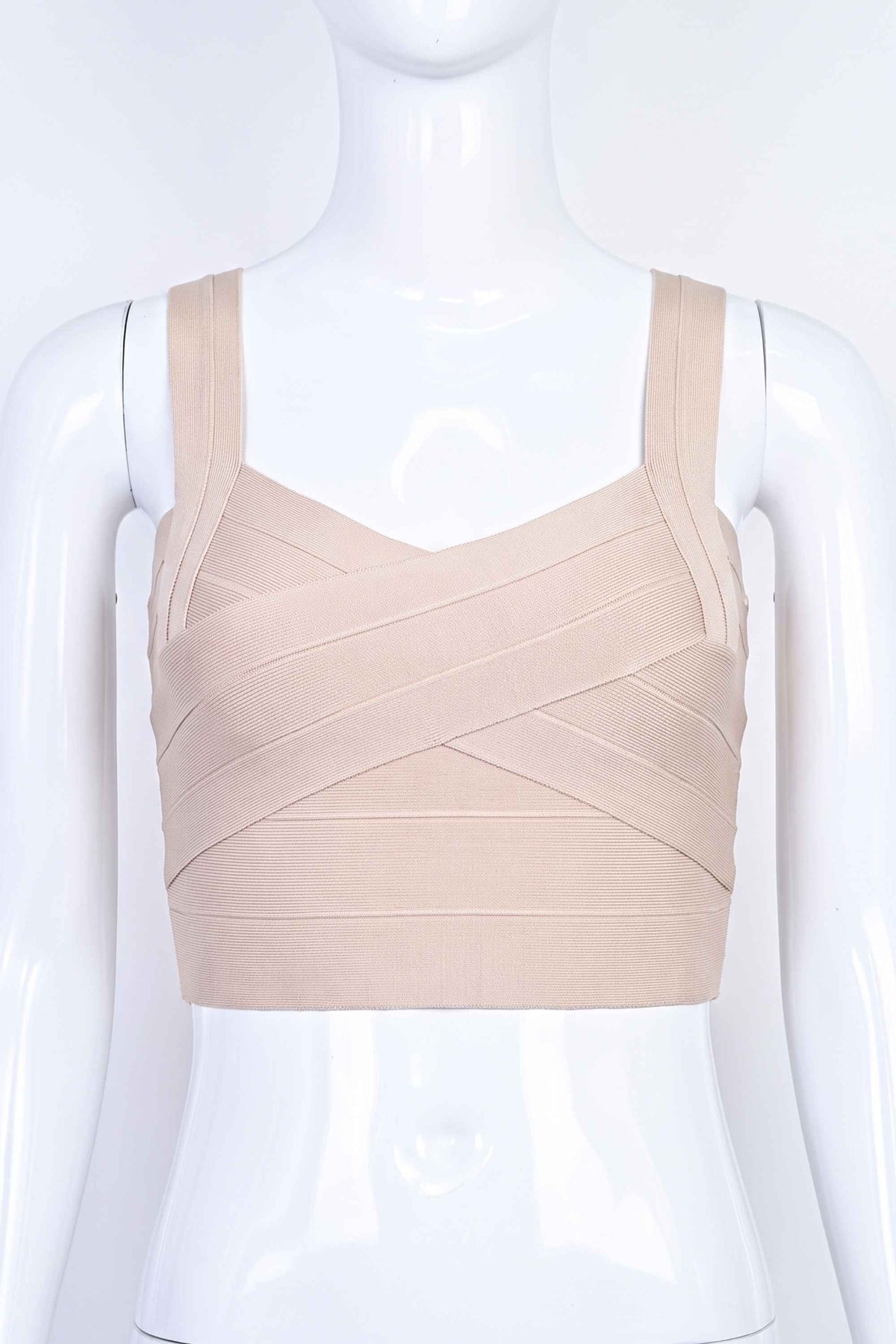 Woman wearing a figure flattering Jay Bandage Crop Top - Cream BODYCON COLLECTION