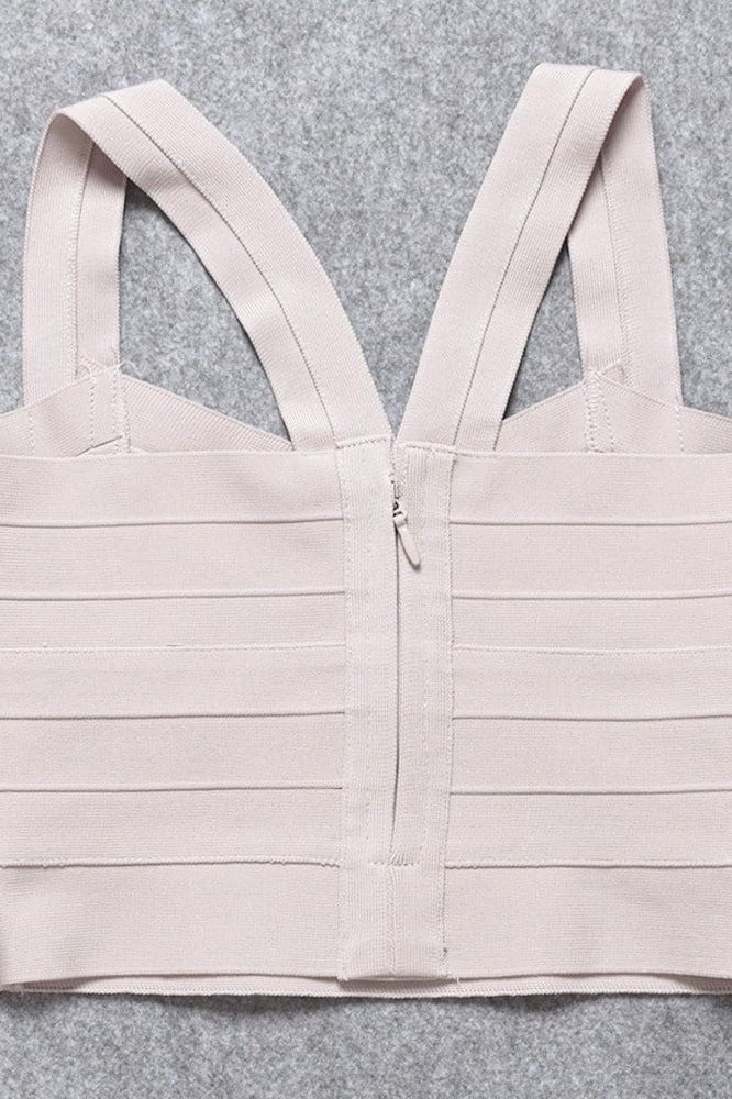 Woman wearing a figure flattering  Jay Bandage Crop Top - Cream BODYCON COLLECTION