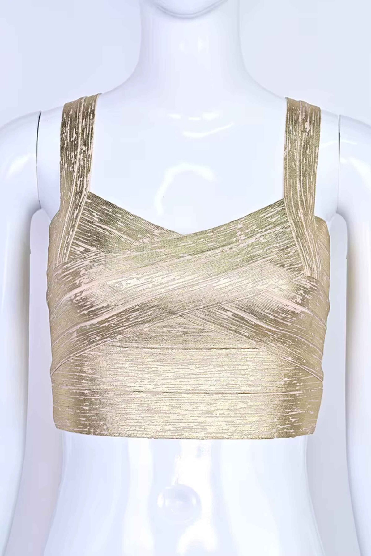 Woman wearing a figure flattering Jay Bandage Crop Top - Gold BODYCON COLLECTION