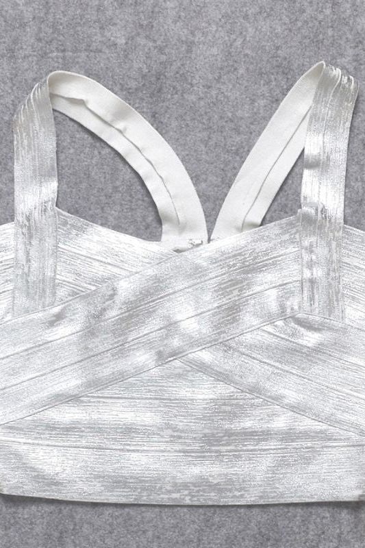 Woman wearing a figure flattering  Jay Bandage Crop Top - Silver BODYCON COLLECTION