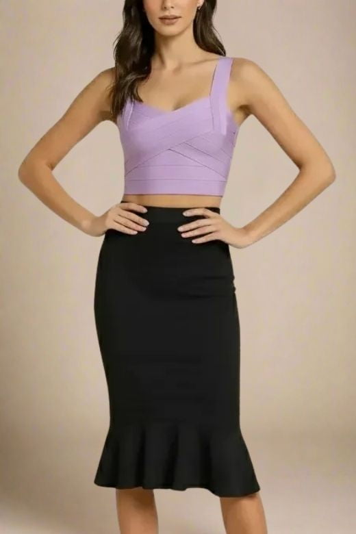 Woman wearing a figure flattering Jay Bandage Crop Top - Violet Purple BODYCON COLLECTION
