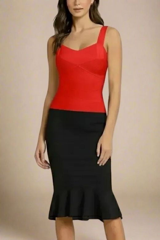Woman wearing a figure flattering Jay Bandage Top - Lipstick Red BODYCON COLLECTION