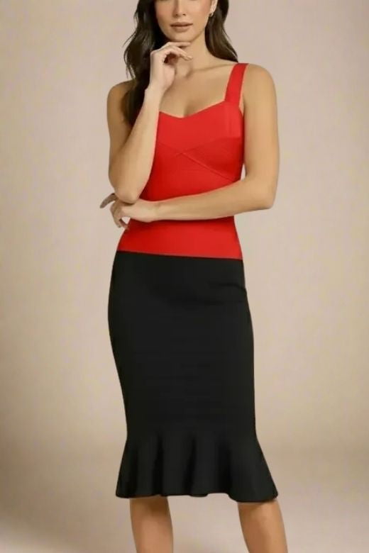 Woman wearing a figure flattering Jay Bandage Top - Lipstick Red BODYCON COLLECTION