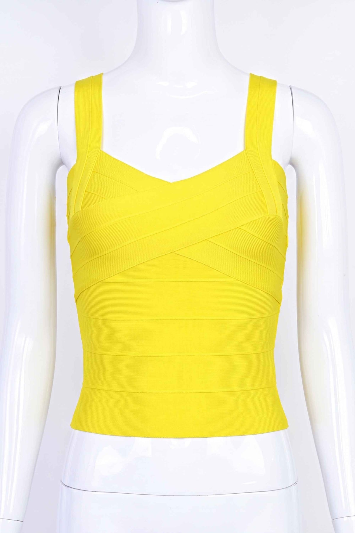 Woman wearing a figure flattering Jay Bandage Top - Sun Yellow BODYCON COLLECTION
