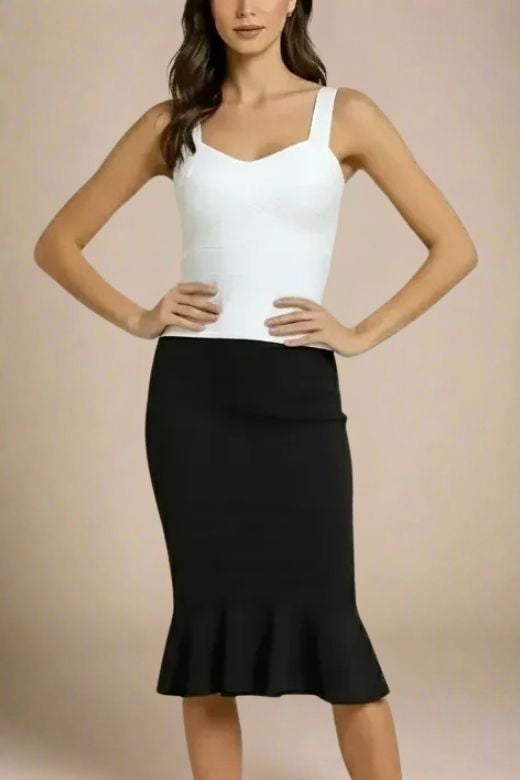 Woman wearing a figure flattering Jay Bandage Top - White Pearl BODYCON COLLECTION