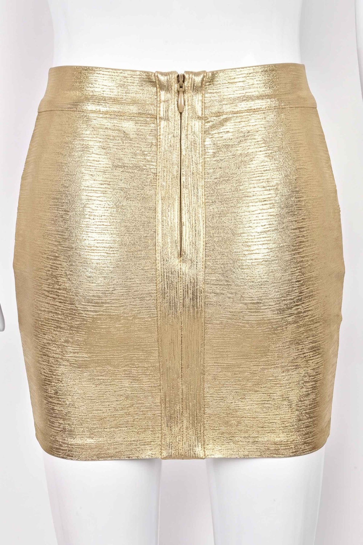 Woman wearing a figure flattering Jay High Waist Bandage Mini Skirt - Gold BODYCON COLLECTION