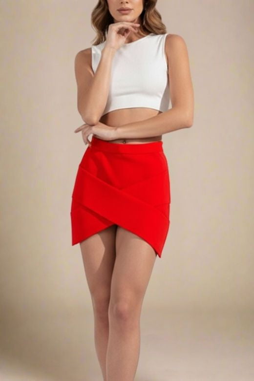 Woman wearing a figure flattering Jay High Waist Bandage Mini Skirt - Lipstick Red BODYCON COLLECTION