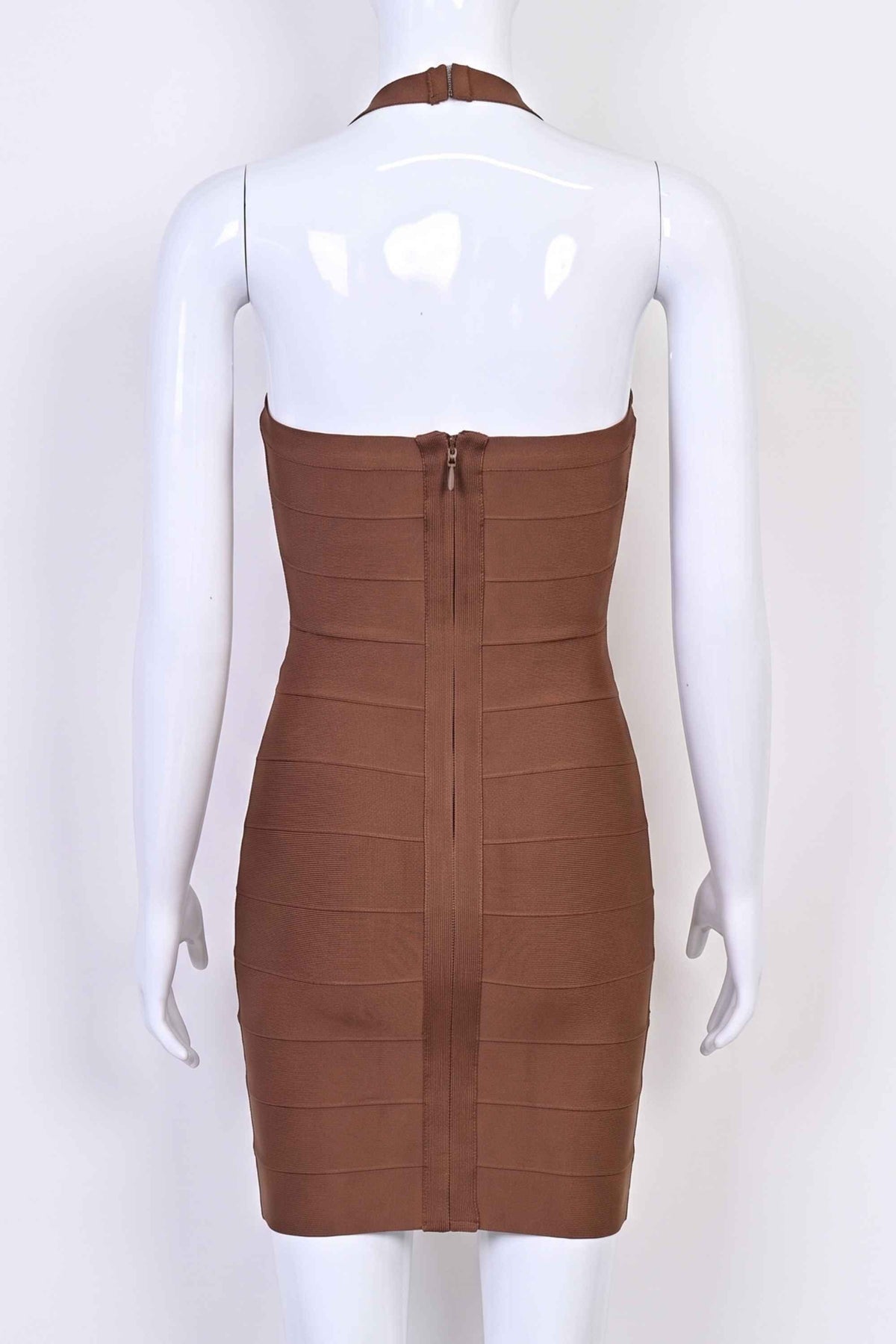Woman wearing a figure flattering Jenna Bandage Mini Dress - Chocolate Brown BODYCON COLLECTION Pty Ltd