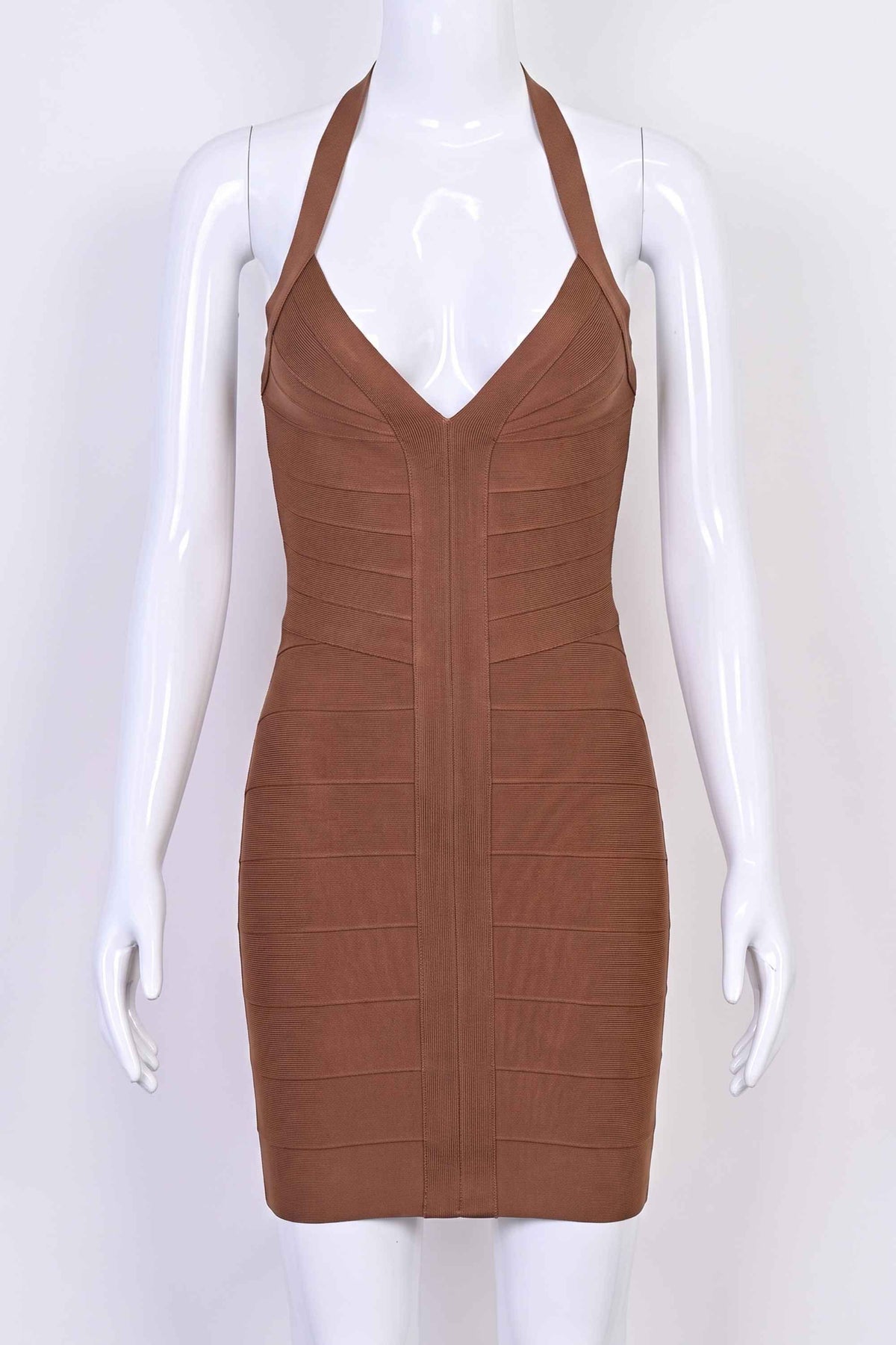 Woman wearing a figure flattering Jenna Bandage Mini Dress - Chocolate Brown BODYCON COLLECTION Pty Ltd