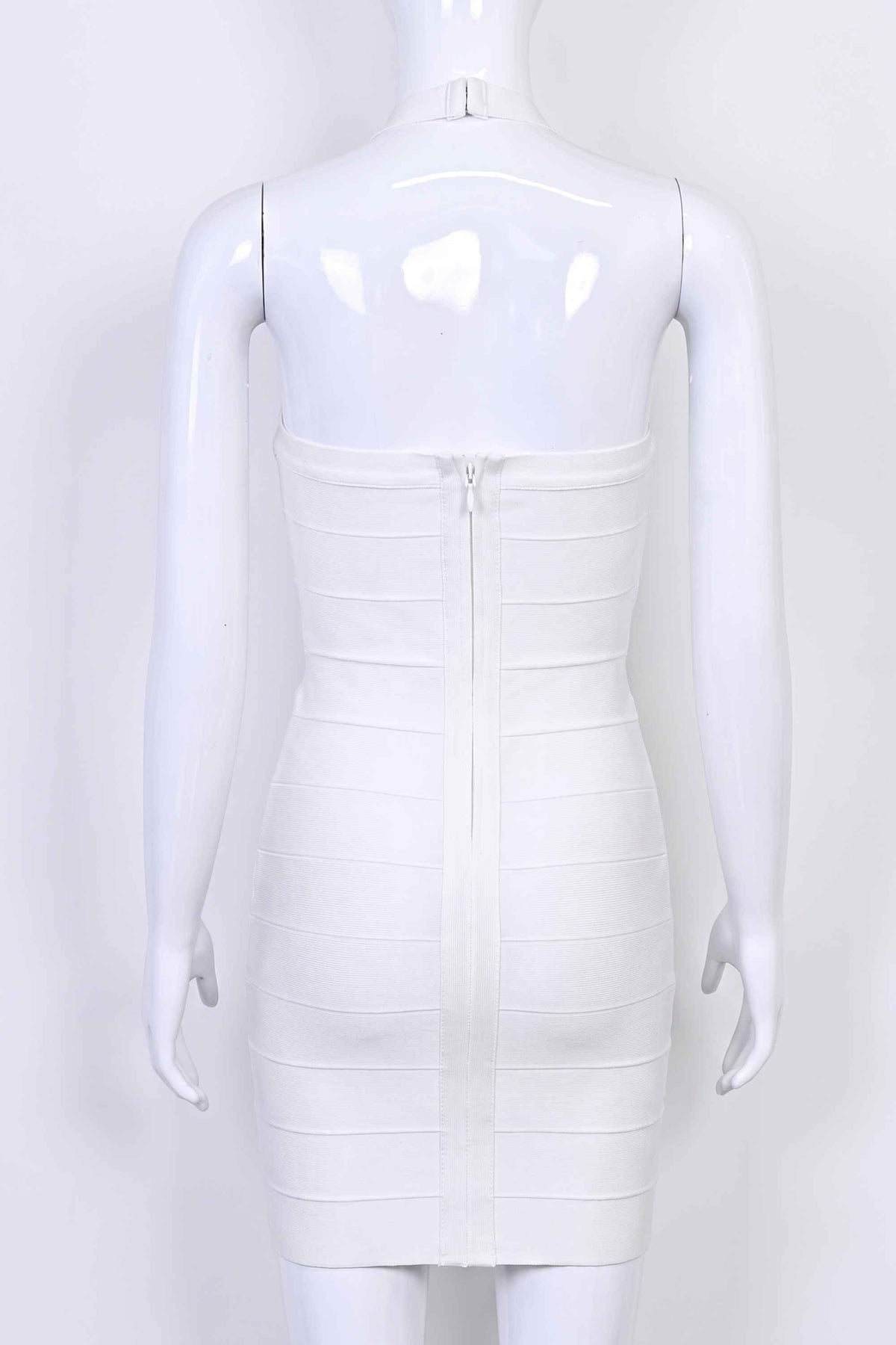 Woman wearing a figure flattering Jenna Bandage Mini Dress - White Pearl BODYCON COLLECTION Pty Ltd