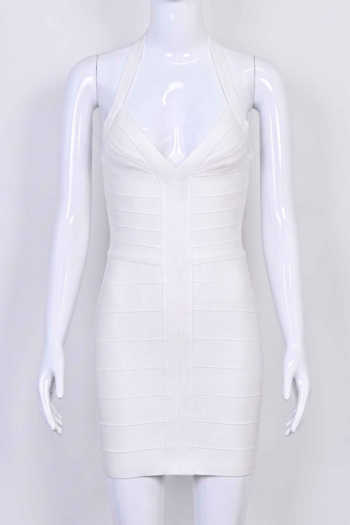 Woman wearing a figure flattering Jenna Bandage Mini Dress - White Pearl BODYCON COLLECTION Pty Ltd