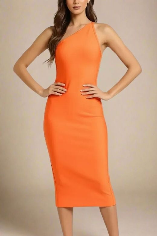 Woman wearing a figure flattering Joi Bodycon Midi Dress - Apricot Orange Bodycon Collection