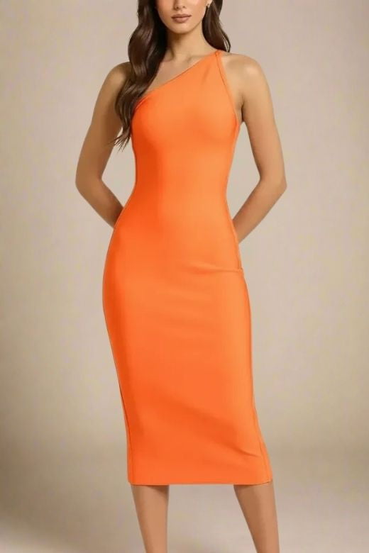 Woman wearing a figure flattering Joi Bodycon Midi Dress - Apricot Orange Bodycon Collection