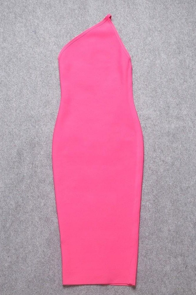 Woman wearing a figure flattering Joi Bodycon Midi Dress - Hot Pink Bodycon Collection