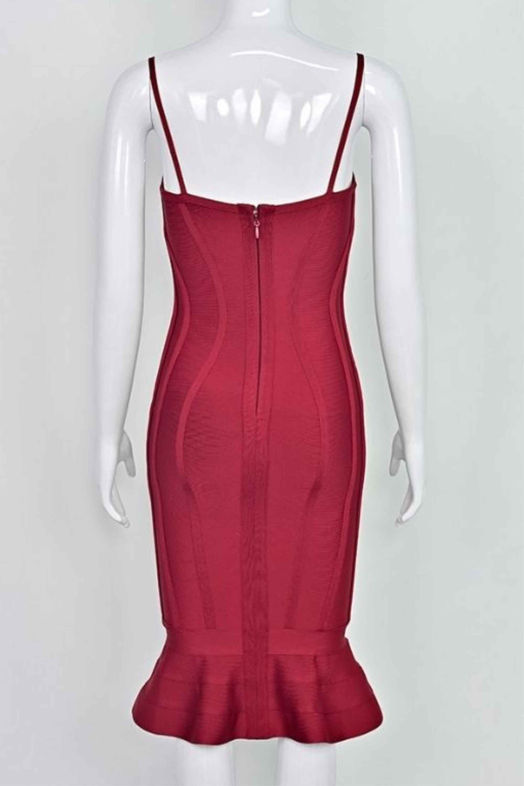 Woman wearing a figure flattering Joy Bandage Midi Dress - Red Wine Bodycon Collection