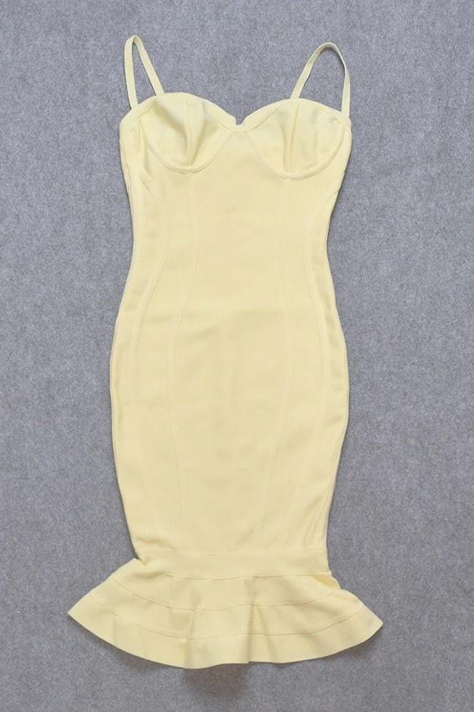 Woman wearing a figure flattering  Joy Bandage Midi Dress - Sun Yellow Bodycon Collection